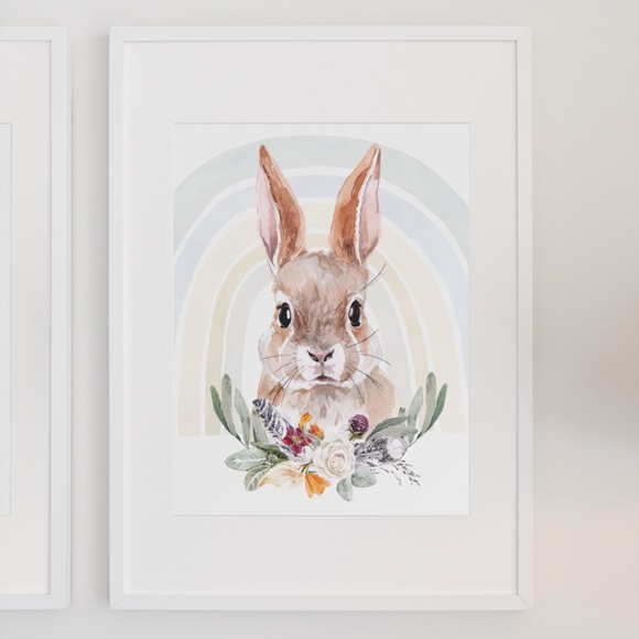 Watercolor Floral Bunny Wall Art Illustration Print Poster Card Unframed - Picture 8 of 14